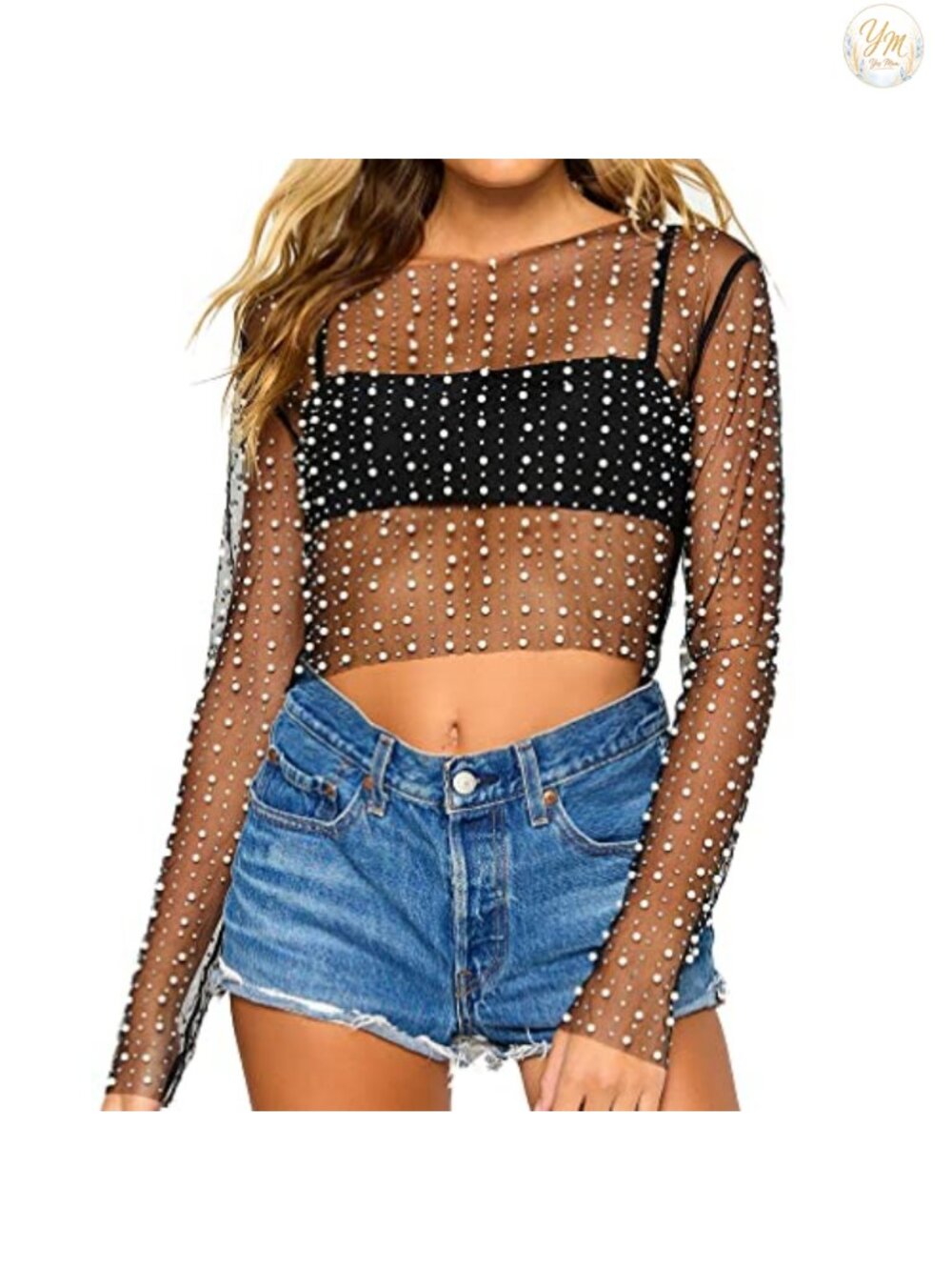 Sexy Sheer Mesh Rhinestone Beaded Crop Top Y2K Long Sleeve Clubwear